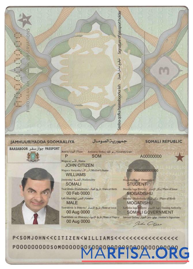 Realistic Somalia (Soomaaliya) passport template